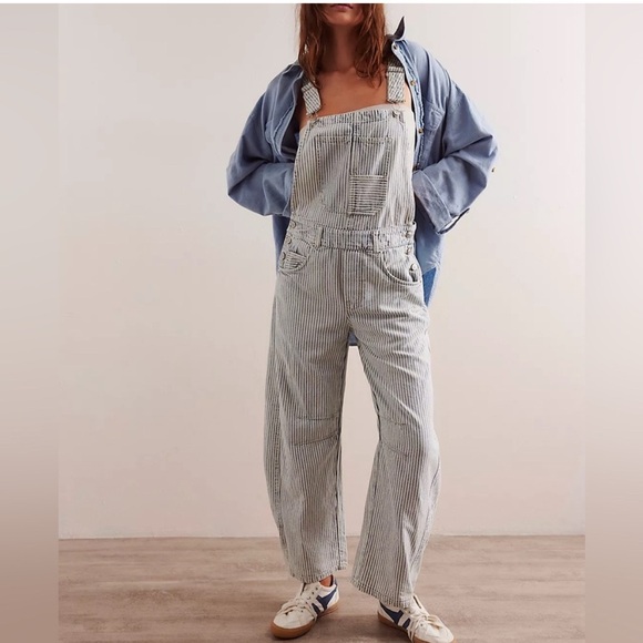 We The Free Pants - We The Free Good Luck Striped Barrel Overalls in indigo railroad size medium